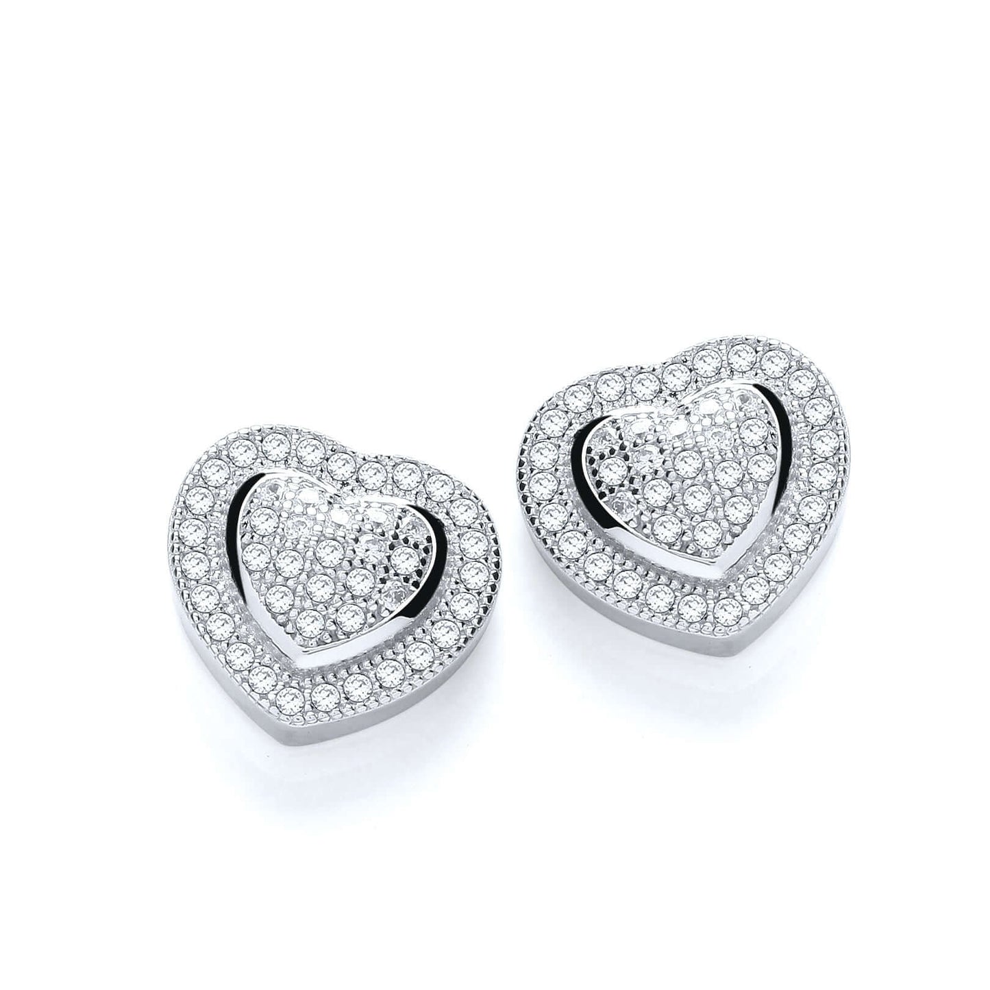 Silver Heart Earrings with micro pave set cubic zirconia in a heart shape and halo design.