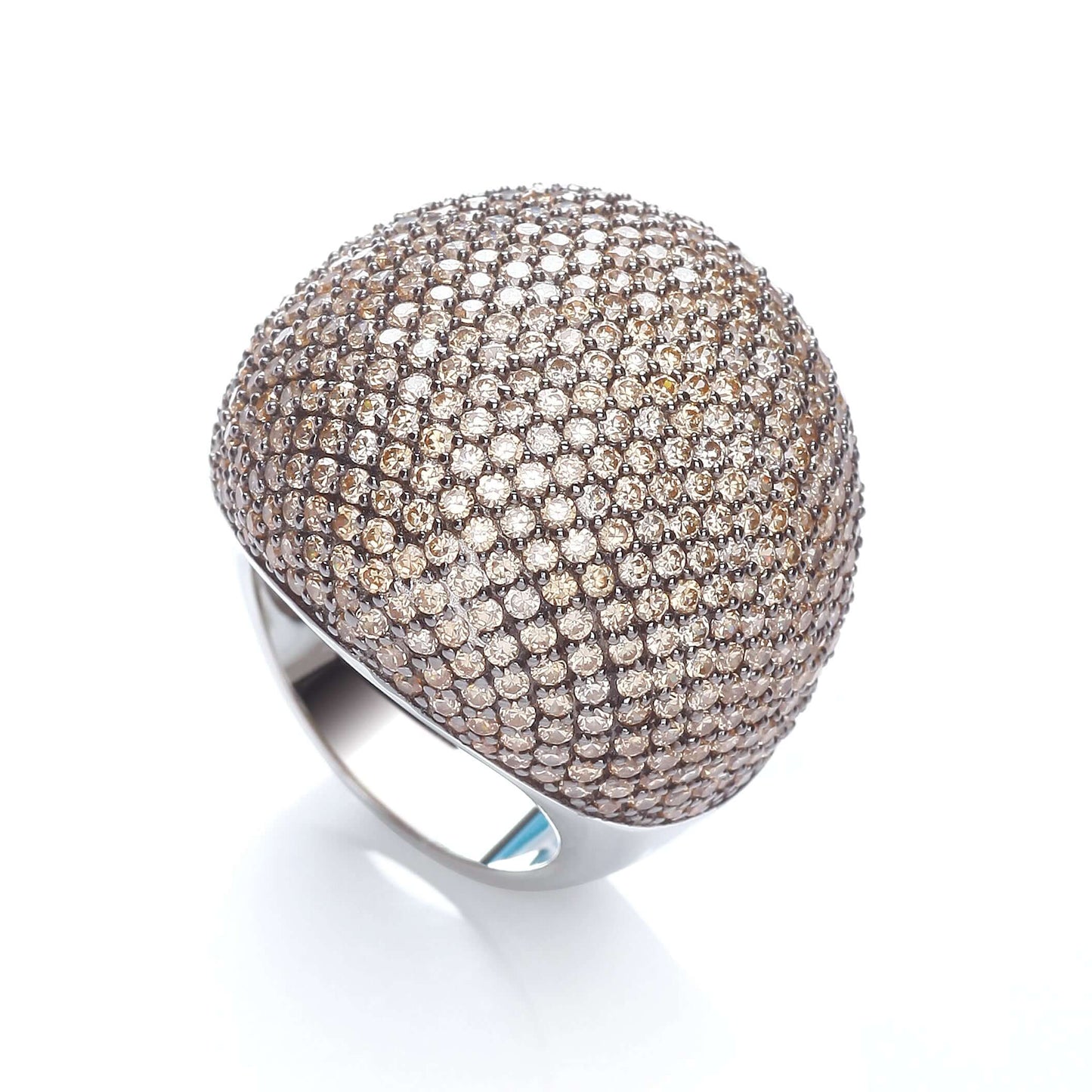 Micro Pave Big Cocktail Ring in silver with 503 champagne cubic zirconia stones, statement jewelry piece.