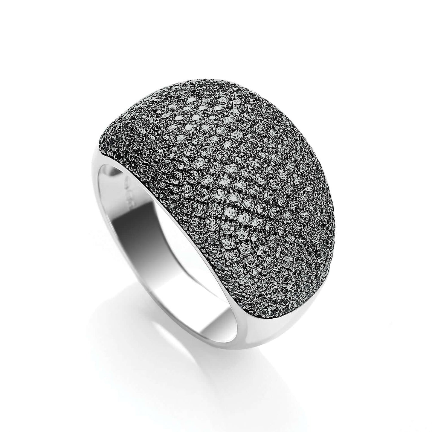 Silver Micro Pave Cocktail Ring with 283 black cubic zirconia stones, elegant and sparkling design for a glamorous look.