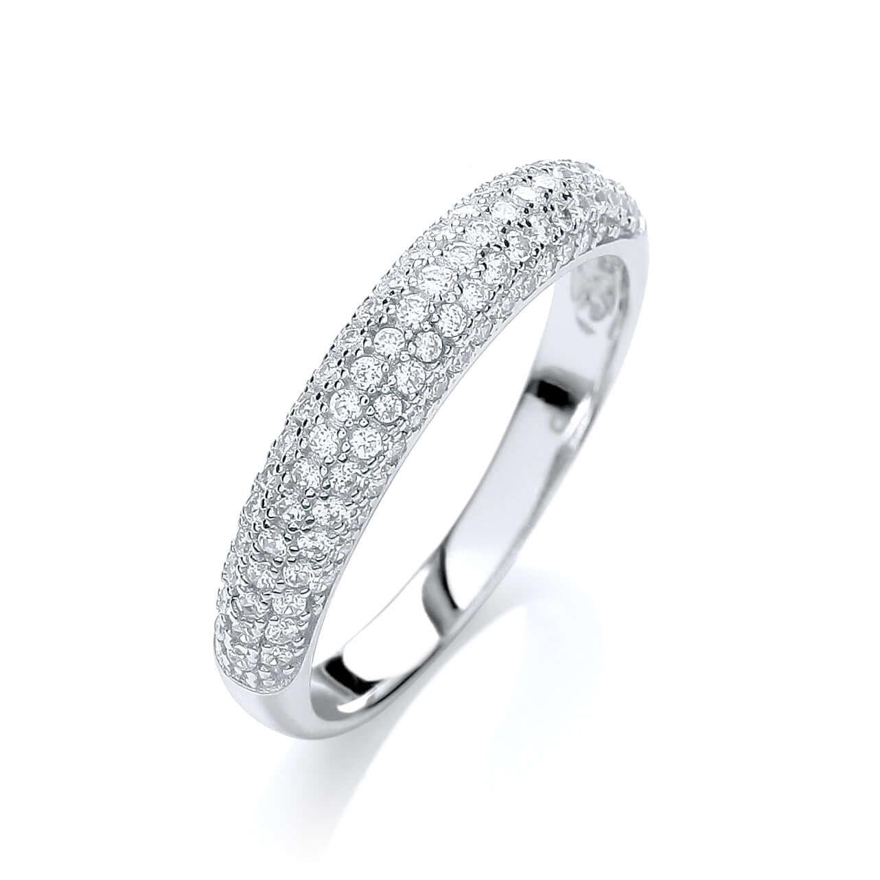 Domed Cz Silver Ring with cubic zirconia stones pave set on a domed surface. Elegant and sparkling silver jewelry.