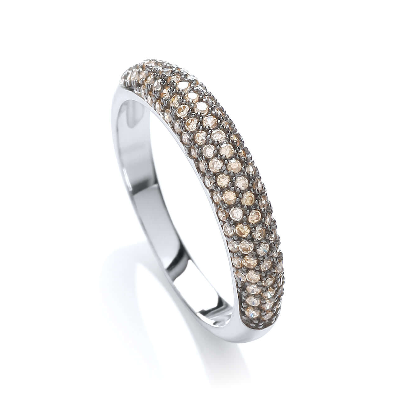 Micro Pave Domed Champagne Ring with silver band and champagne cubic zirconia stones intricately set in pave style.