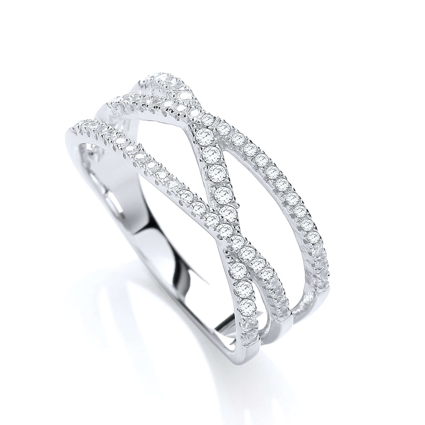 Silver Crossover Ring set with 61 cubic zirconia stones, featuring a unique crossover design for a dazzling and elegant look.