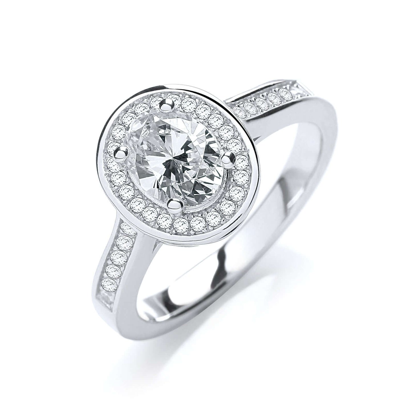 Oval Halo Engagement Ring in silver with cubic zirconia stones.