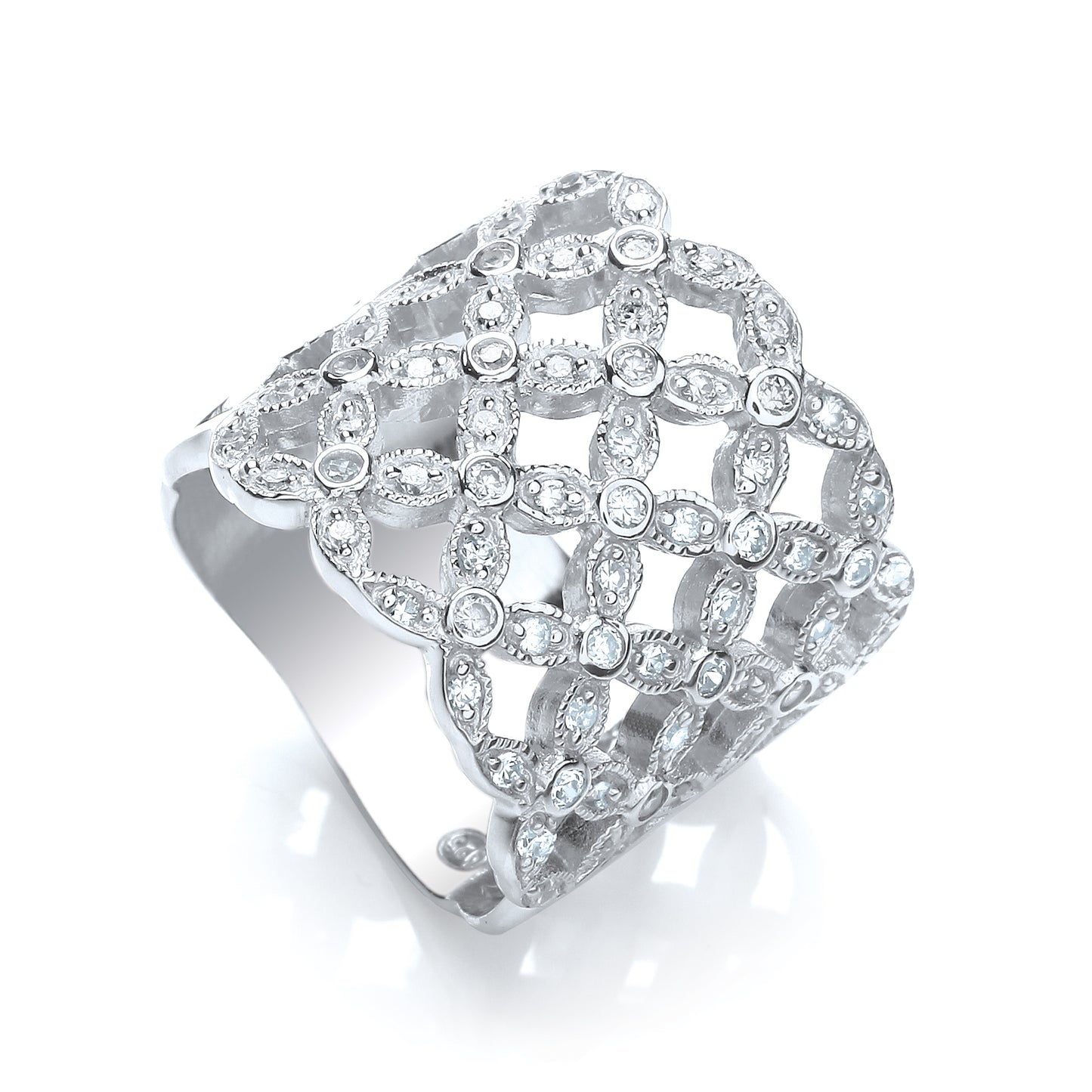 Elegant silver trellis zirconia ring showcasing intricate lattice metalwork and sparkling cubic zirconia for everyday glamour.