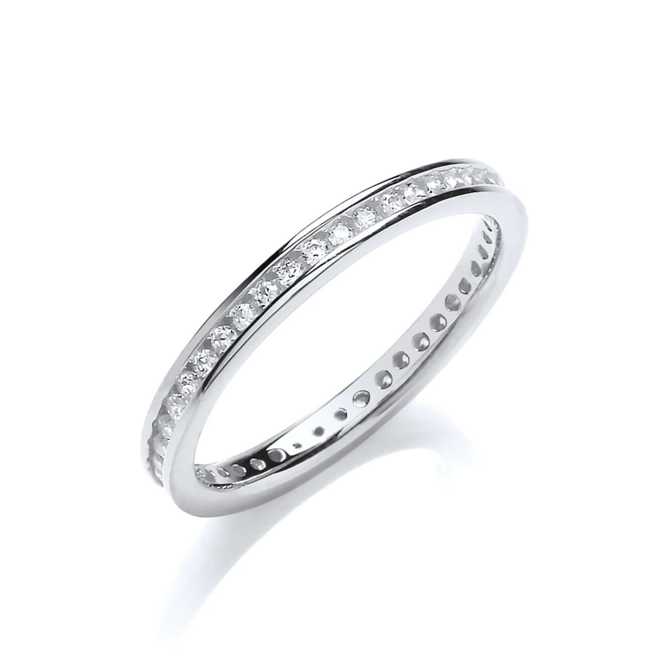 Silver Eternity Ring with cubic zirconia stones in channel setting, sterling silver jewelry highlighting elegance and sophistication.