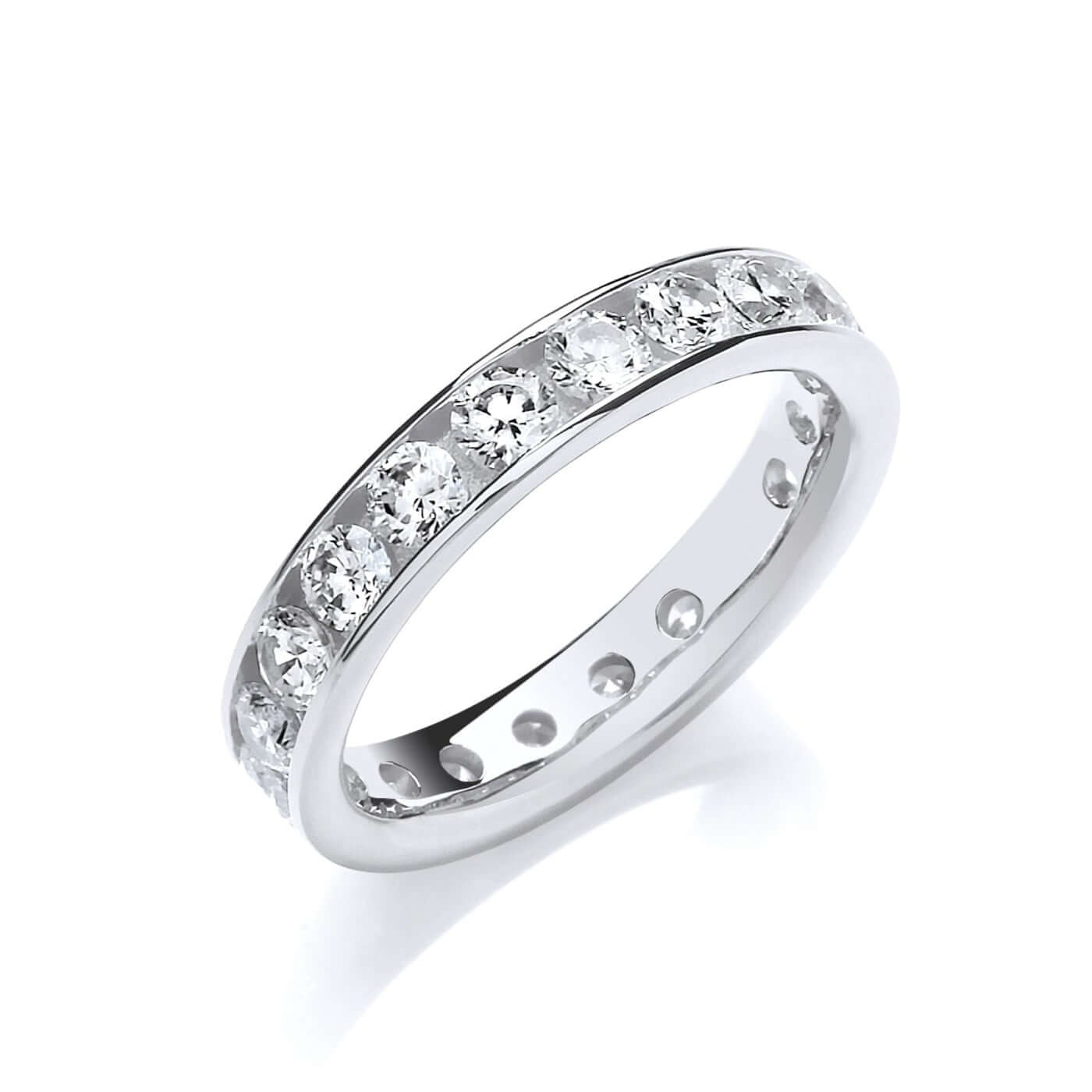 Silver Eternity Ring with channel set brilliant cut cubic zirconia stones, showcasing elegant craftsmanship.