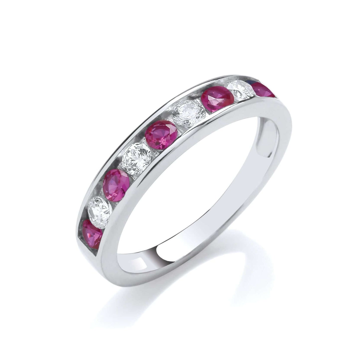 Ruby Colour CZ Eternity Ring with ruby and clear cubic zirconia stones in a silver band, channel set for elegant sparkle.