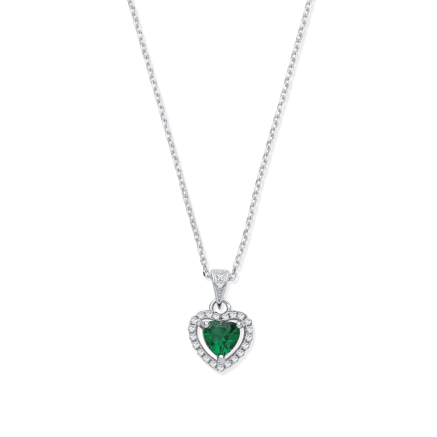 Silver Green CZ Halo Heart Pendant Necklace with emerald green center stone and cubic zirconia halo on 18 inch silver chain.