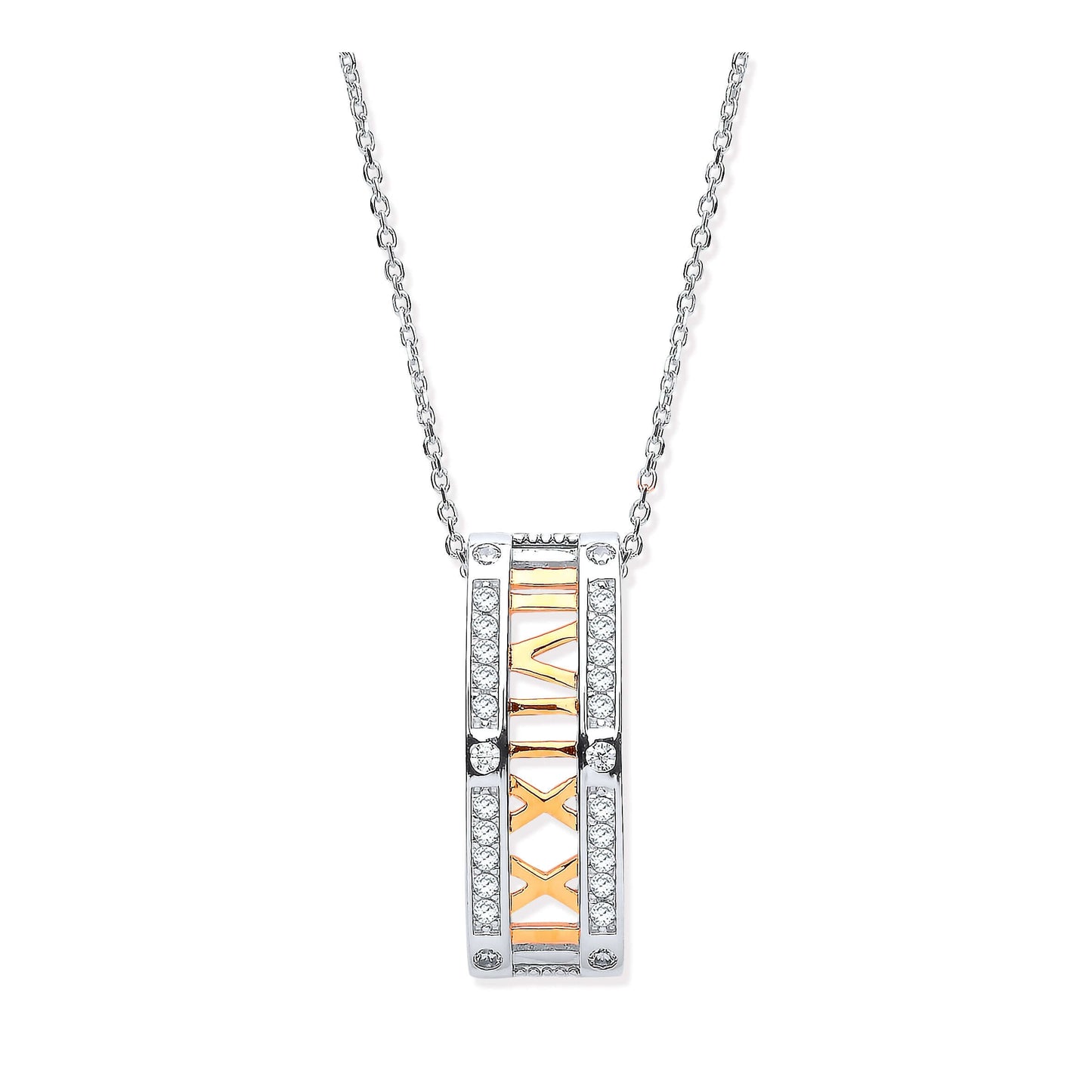 Silver Roman Numeral Drop Pendant Necklace with cubic zirconia on 18 inch silver chain, pendant size 8.0 x 22.6mm.