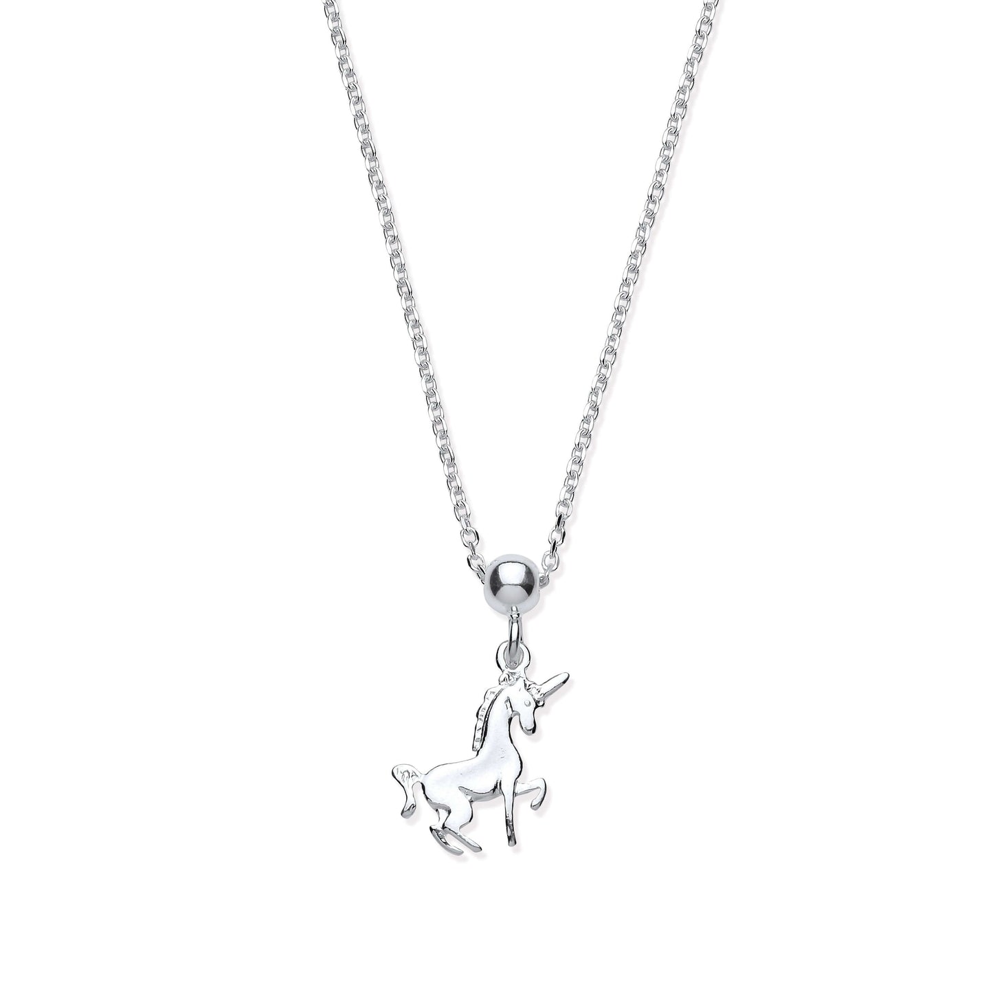 Silver Unicorn Pendant & Chain on 17 inch sterling silver necklace, featuring a detailed unicorn design.
