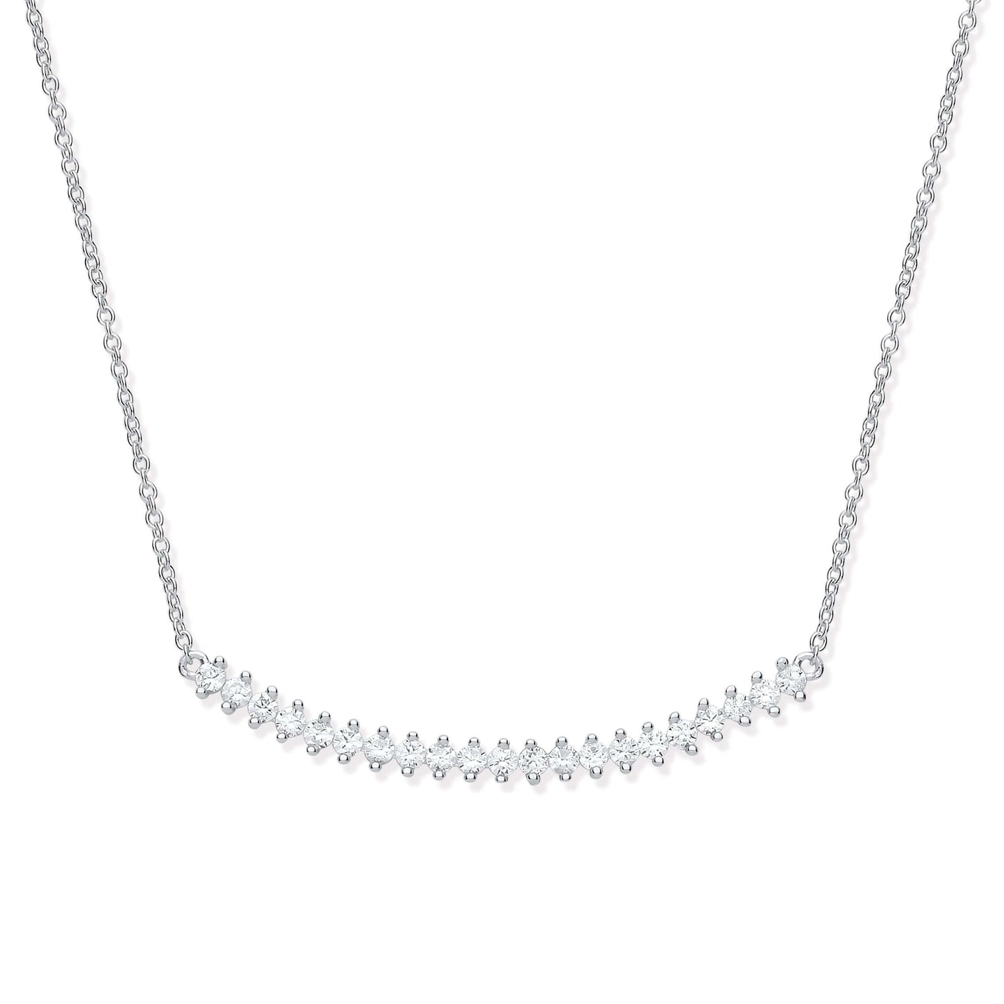 Silver Chic Curved Bar CZ 17" Necklace with cubic zirconia stones on a 17-inch silver chain, featuring curved design and elegant sparkle.