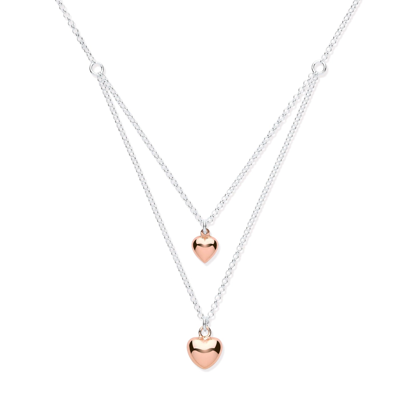 Silver Hearts Necklace with rose gold plated hearts, 16 inch chain, featuring large and small heart pendants.