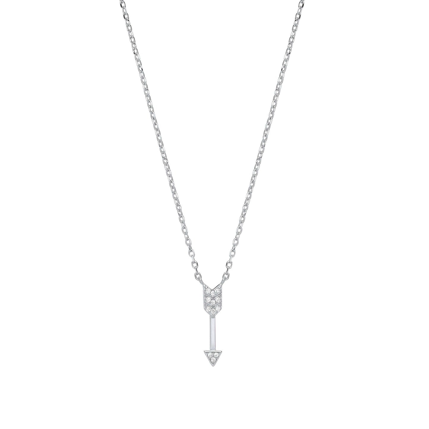 Silver Arrow Drop Pendant Chain with cubic zirconia stones on a 16-inch silver chain, showcasing detailed craftsmanship in solid silver.