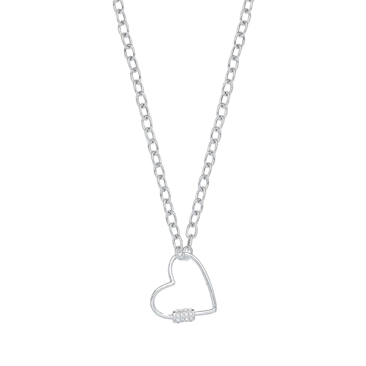 Silver Oval Link Heart Chain Necklace with cubic zirconia heart charm on an 18 inch premium silver chain.