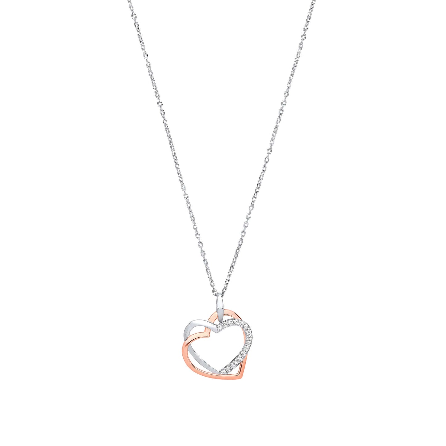 Silver Hearts Charm Necklace with cubic zirconia and rose gold plated accents on a 16-inch silver chain.