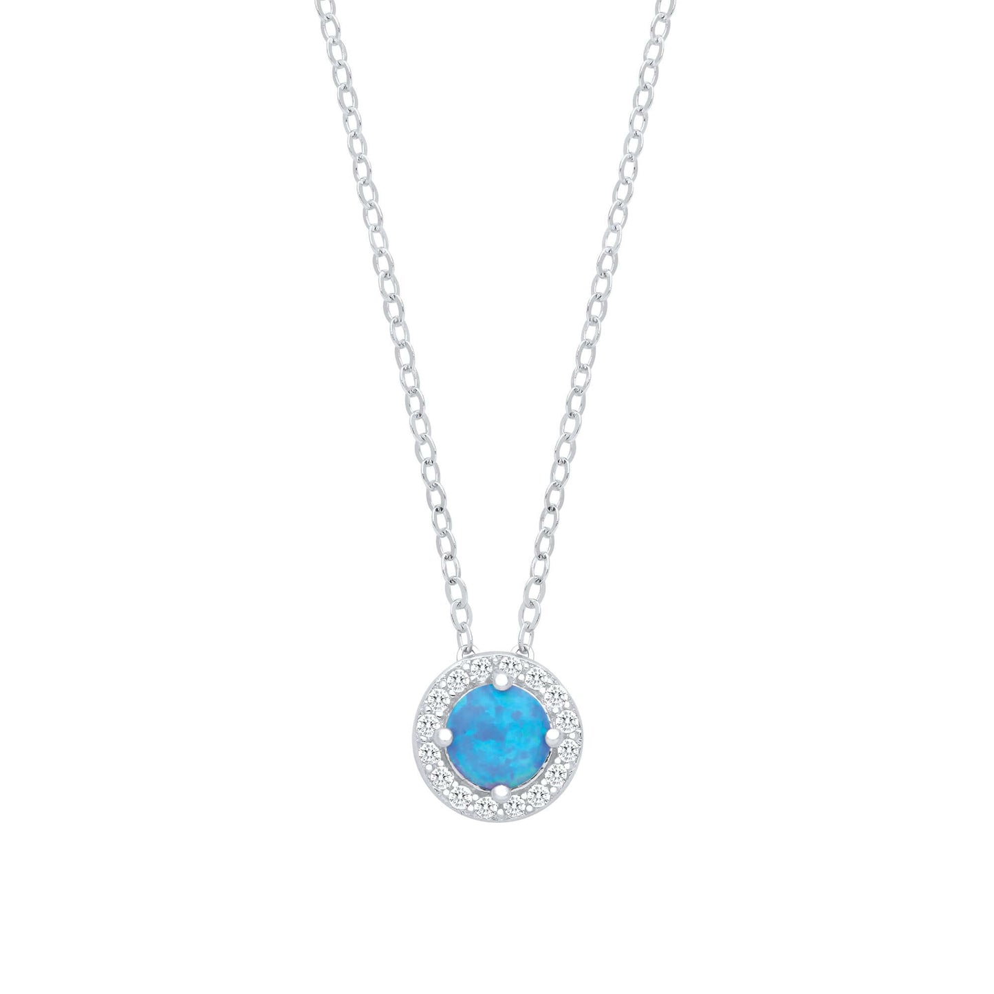 Silver Blue Opal Round Pendant with Chain featuring cubic zirconia halo on an 18 inch silver chain