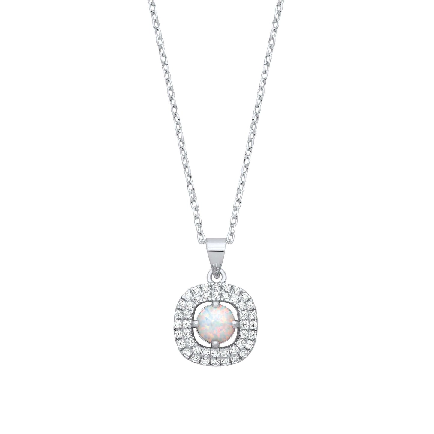 Silver Opal Halo Style Pendant with Chain featuring opal pendant and cubic zirconia stones on an 18 inch silver necklace.