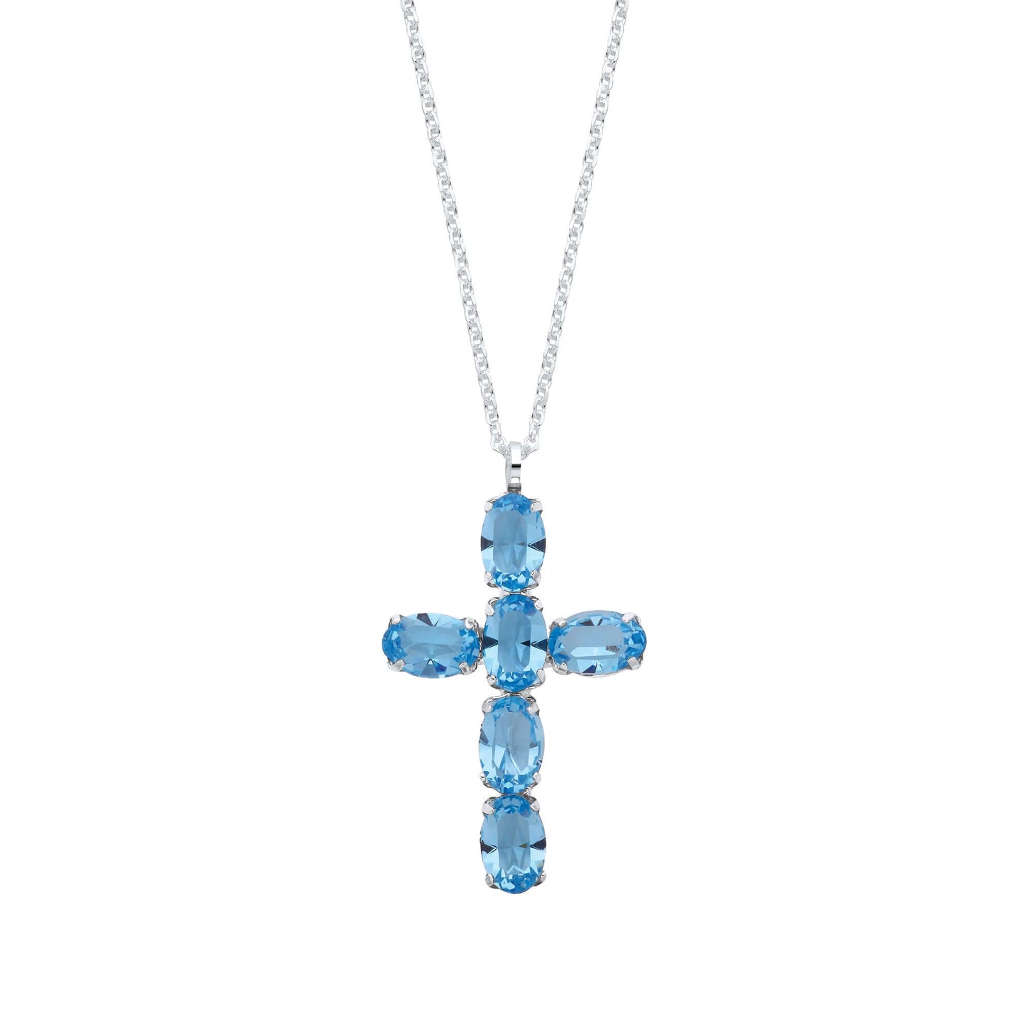 Silver Blue Crystal Cross Pendant on Chain with 16 inch sterling silver necklace featuring a 27.3mm x 16.3mm blue crystal cross.