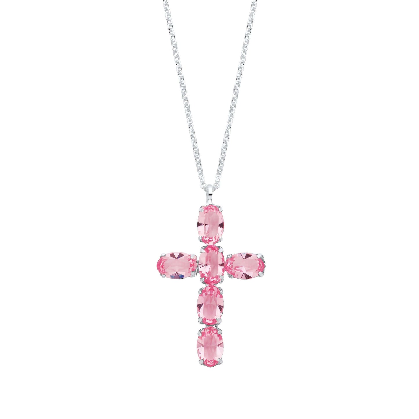 Silver Pink Crystal Cross Pendant on Chain with sterling silver chain featuring pink crystals, 27.4mm x 16.3mm size.