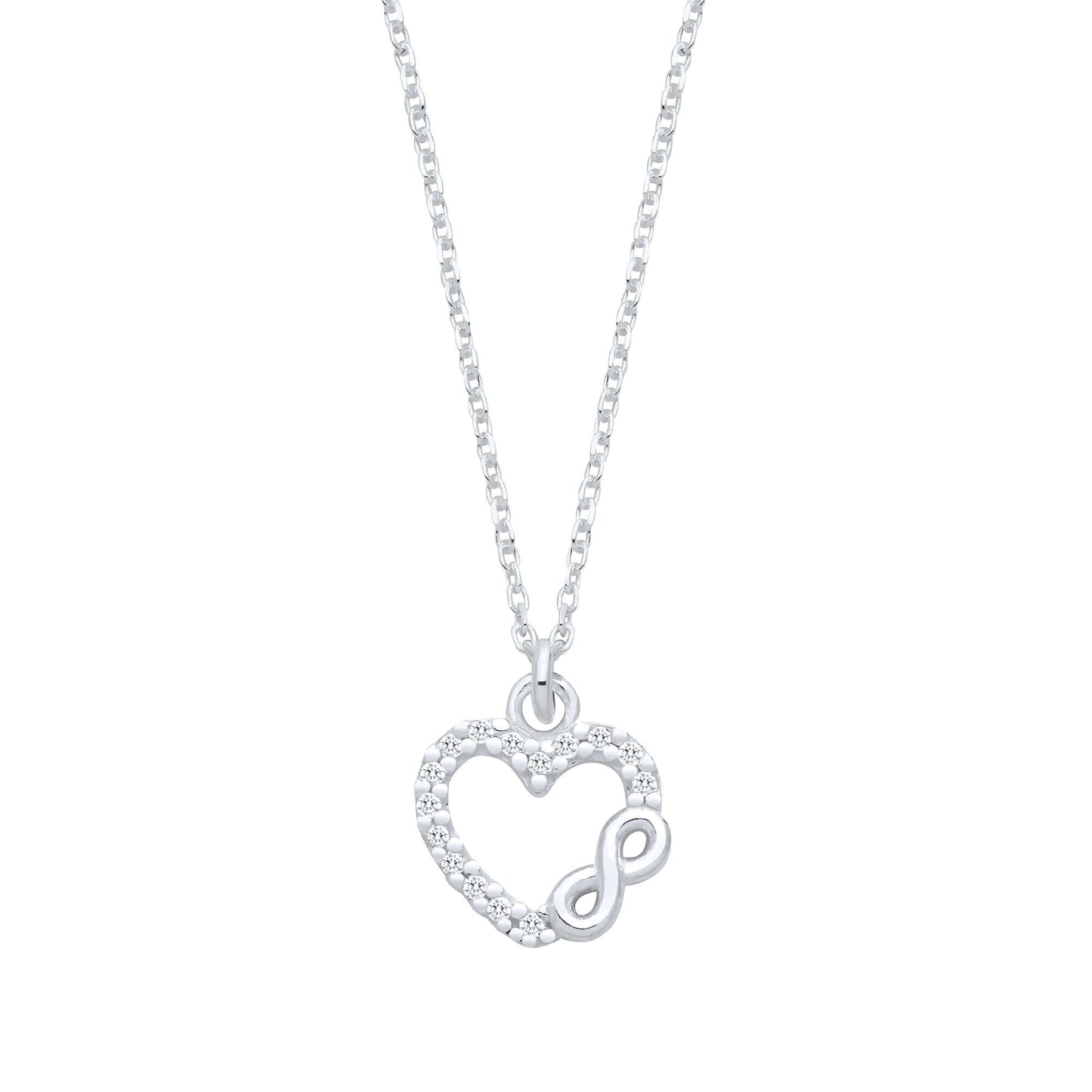 Silver CZ Heart Infinity Pendant Necklace with cubic zirconia stones on a sterling silver chain, elegant jewelry display.