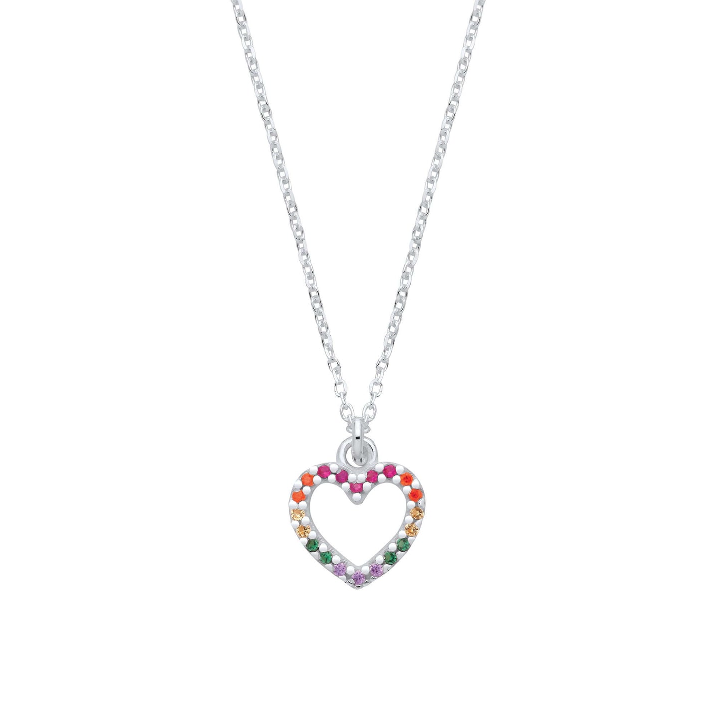Silver Multi Colour CZ Heart Pendant Necklace with cubic zirconia on a 16-inch chain