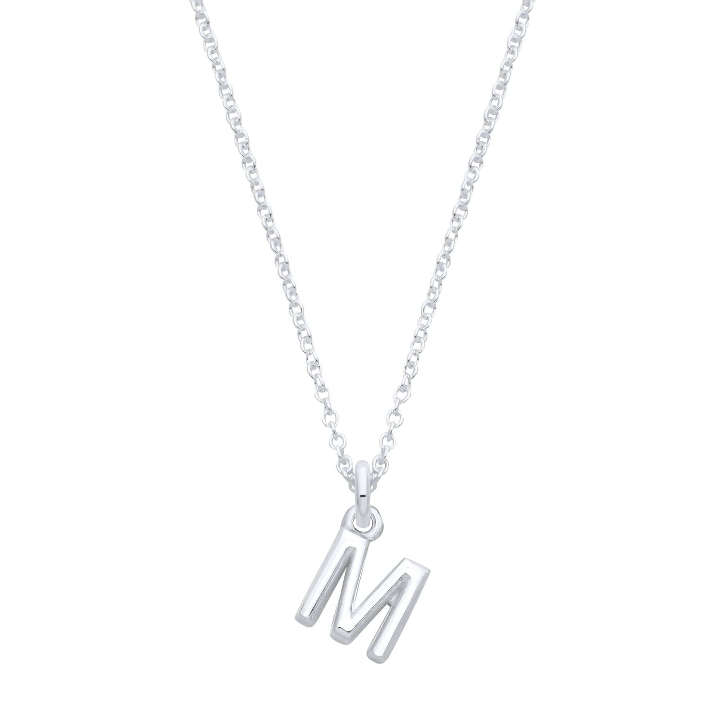 Silver Plain Initial Pendant with the letter 'M' on a 16-inch sterling silver chain.