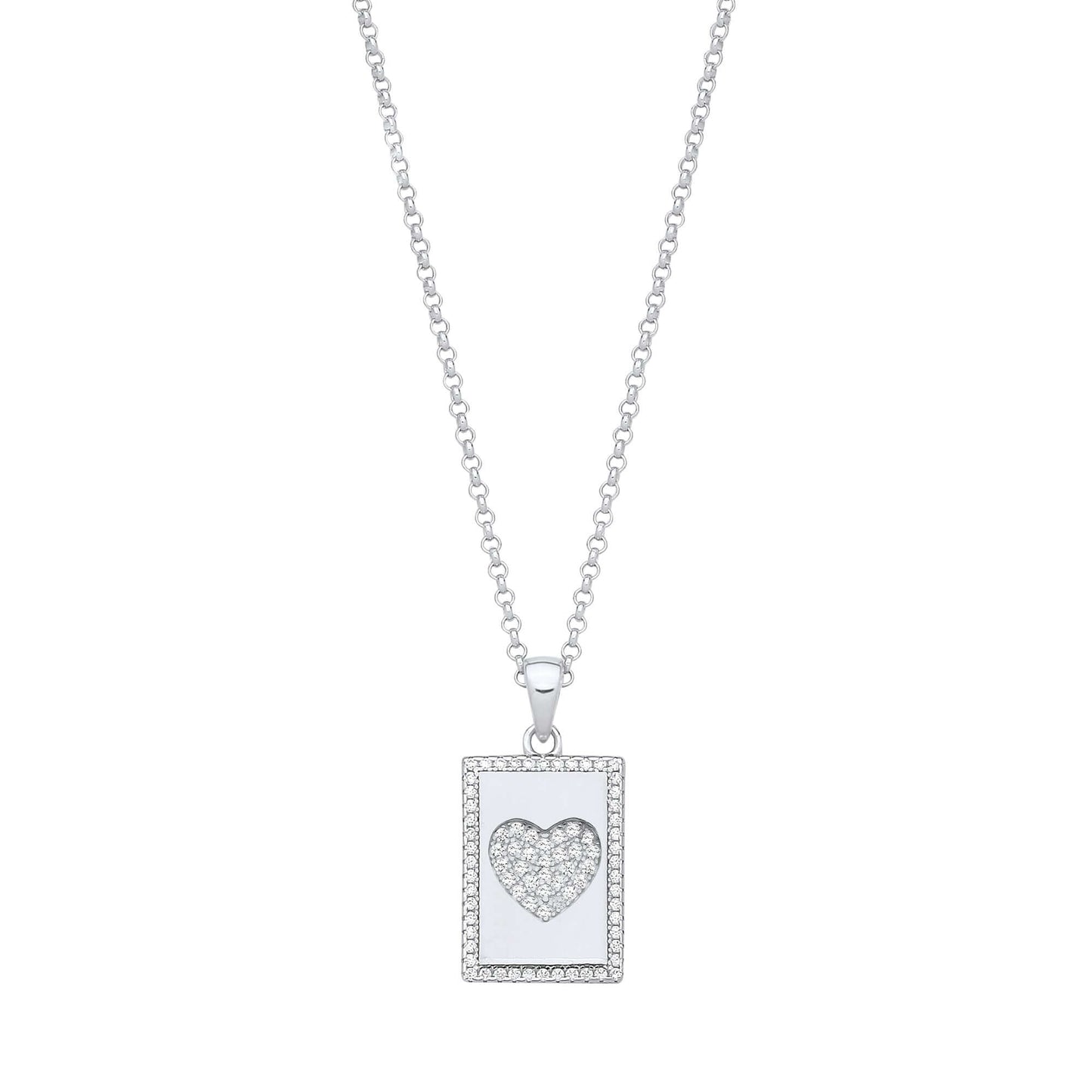 Silver Dog Tag CZ Heart Pendant on Chain with cubic zirconia stones and 16-inch silver chain