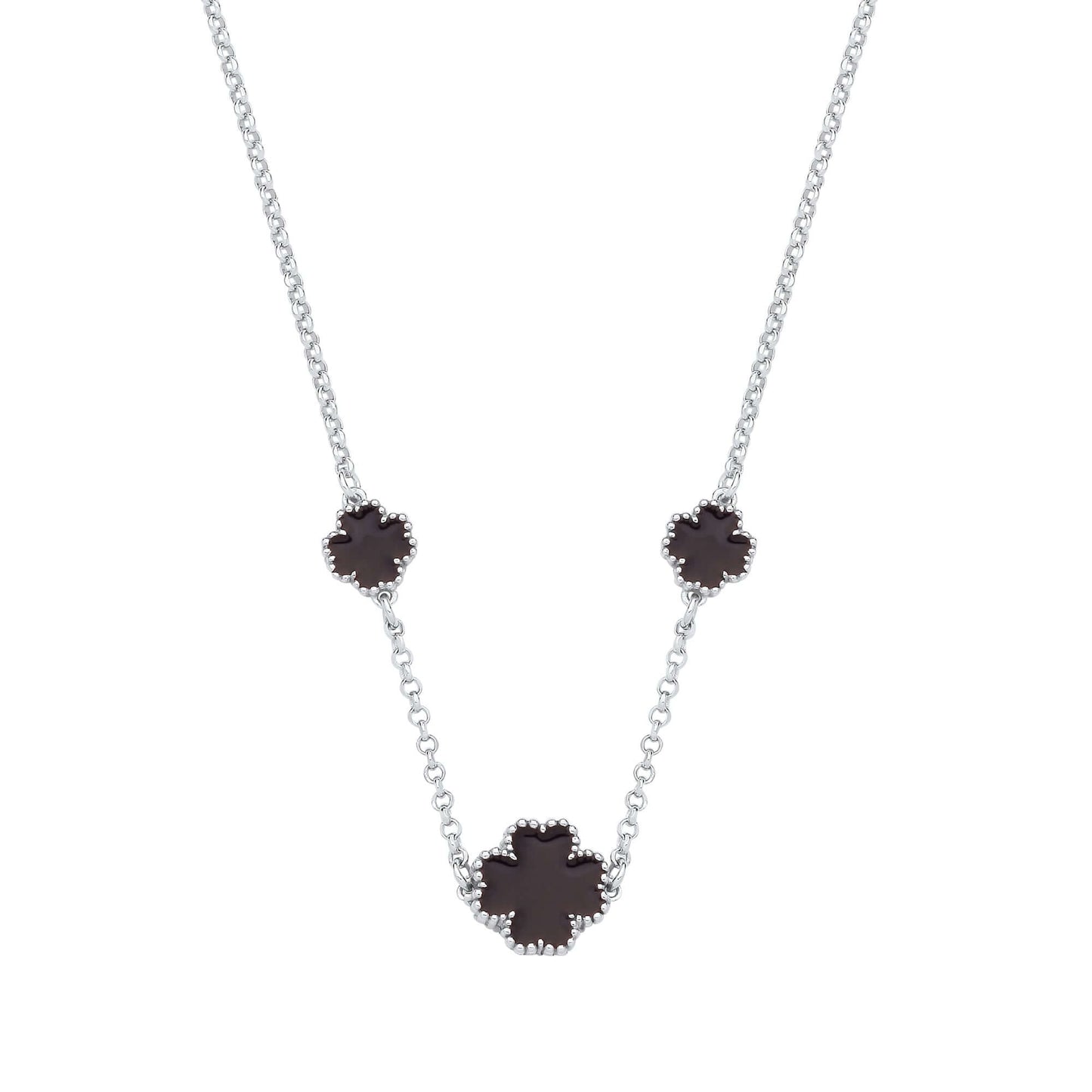 Silver Black Enamel Four Leaf Clover Necklace in sterling silver with black enamel clover accents, 16 inch length.