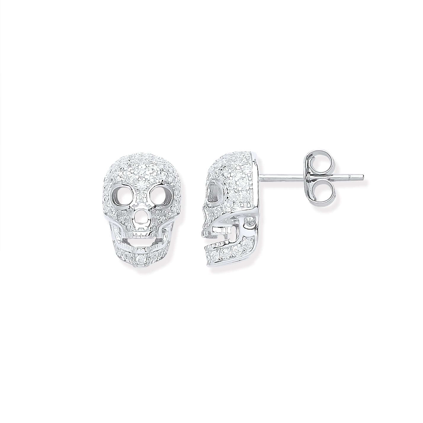 Silver Skull Stud Earrings with cubic zirconia stones in sterling silver.