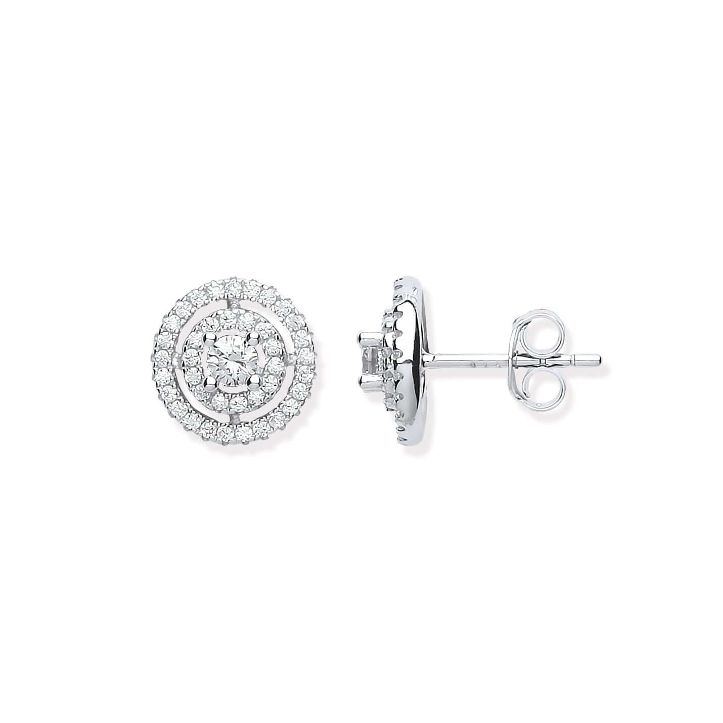 Silver Layered Halo Stud Earrings with cubic zirconia stones, showcasing a dazzling design suitable for elegant occasions.