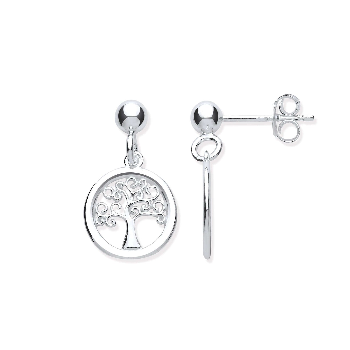 Silver Tree of Life Earrings in sterling silver with intricate design, width 11.2mm, height 17.5mm. Perfect for elegant everyday wear.