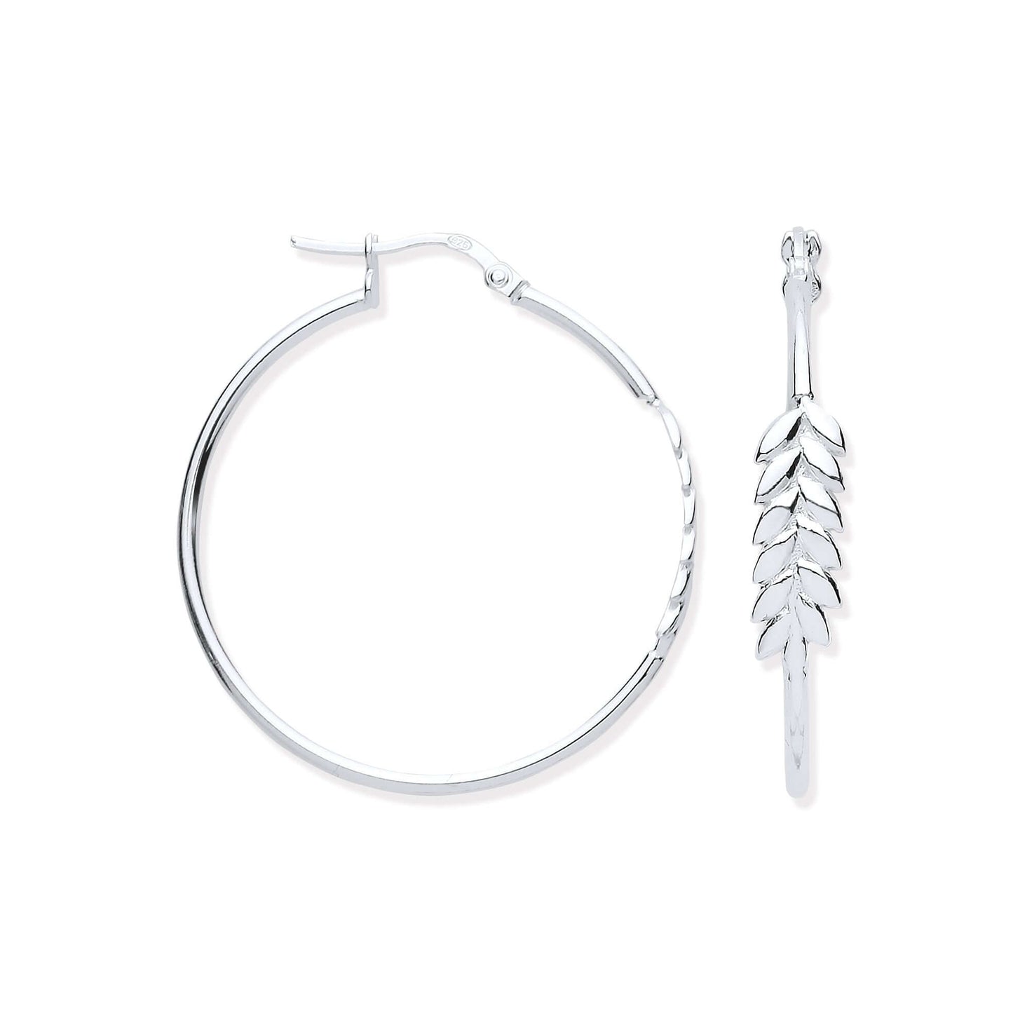 Silver Barley Leaf Hoop Earrings in solid sterling silver with intricate barley leaf design.