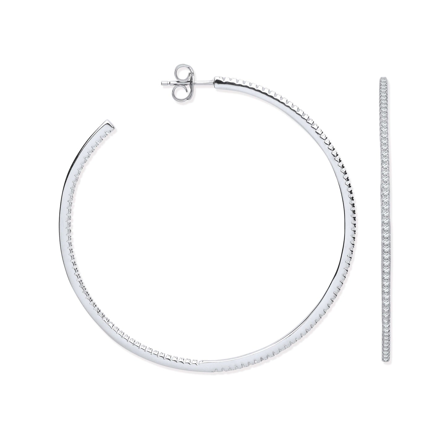 Sparkling Hoop Earrings in silver with cubic zirconia stones, diameter 60mm and thickness 2mm, shown with detailed side view.