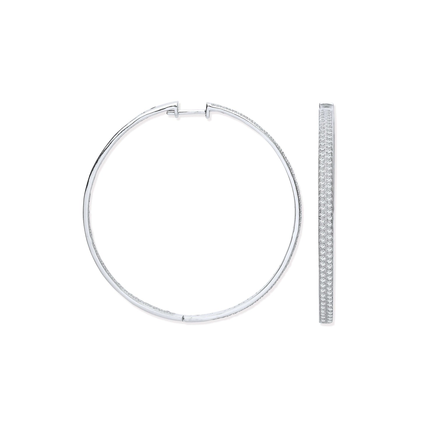 Silver Hoop Two Row Earrings with cubic zirconia on 48mm hoop in solid silver. Elegant and stylish jewelry.