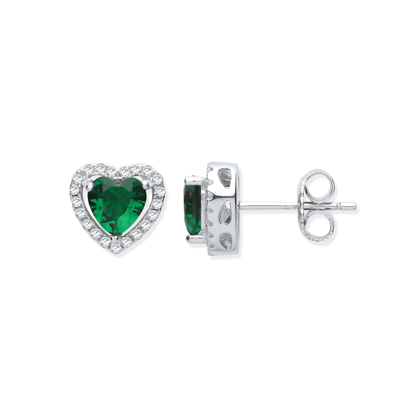 Silver stud earrings with emerald green colour heart cubic zirconia surrounded by halo. Focus keyword: Emerald Green Colour Heart Earrings.