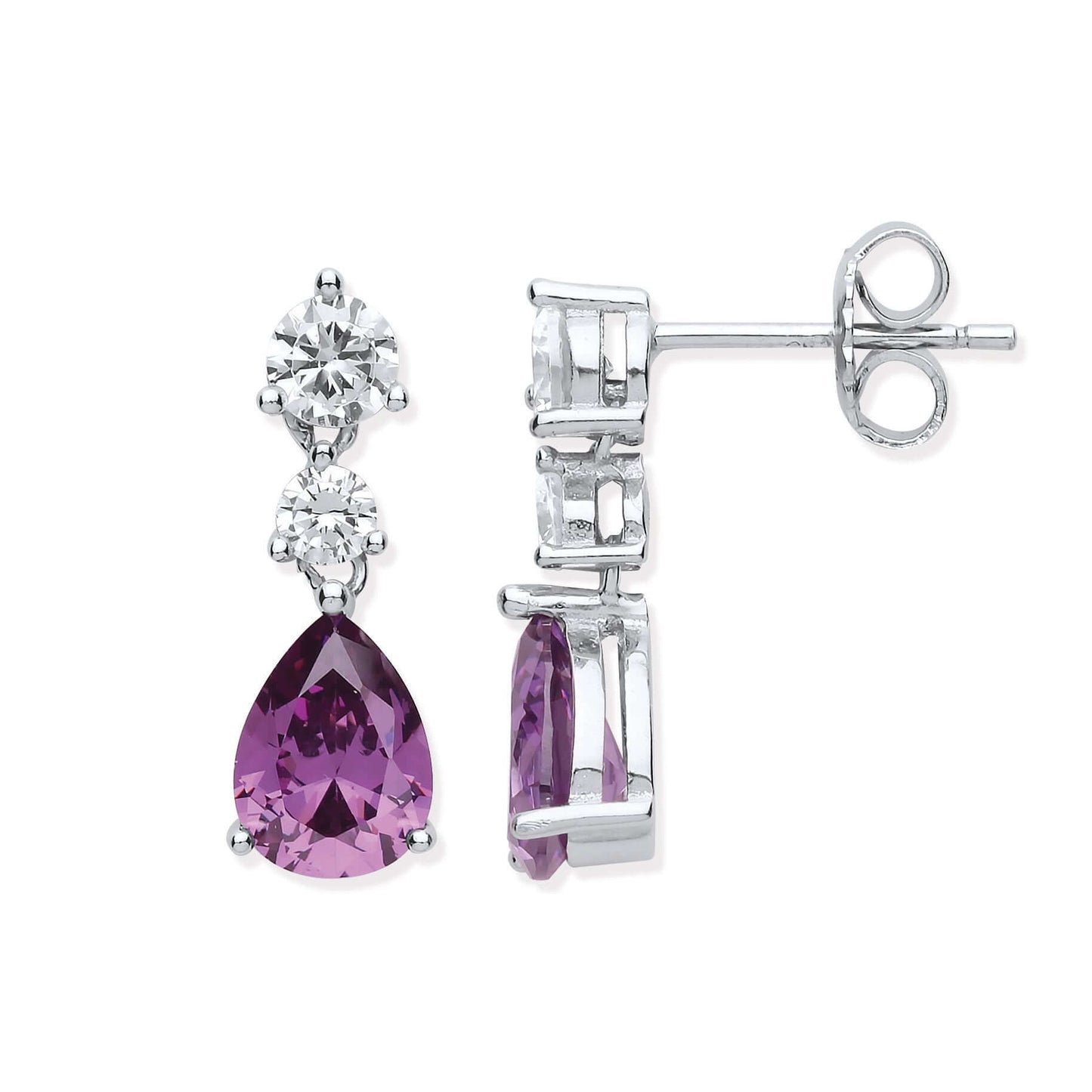 Elegant Silver Clear & Amethyst Colour CZs Drop Earrings with sparkling stones and secure posts.