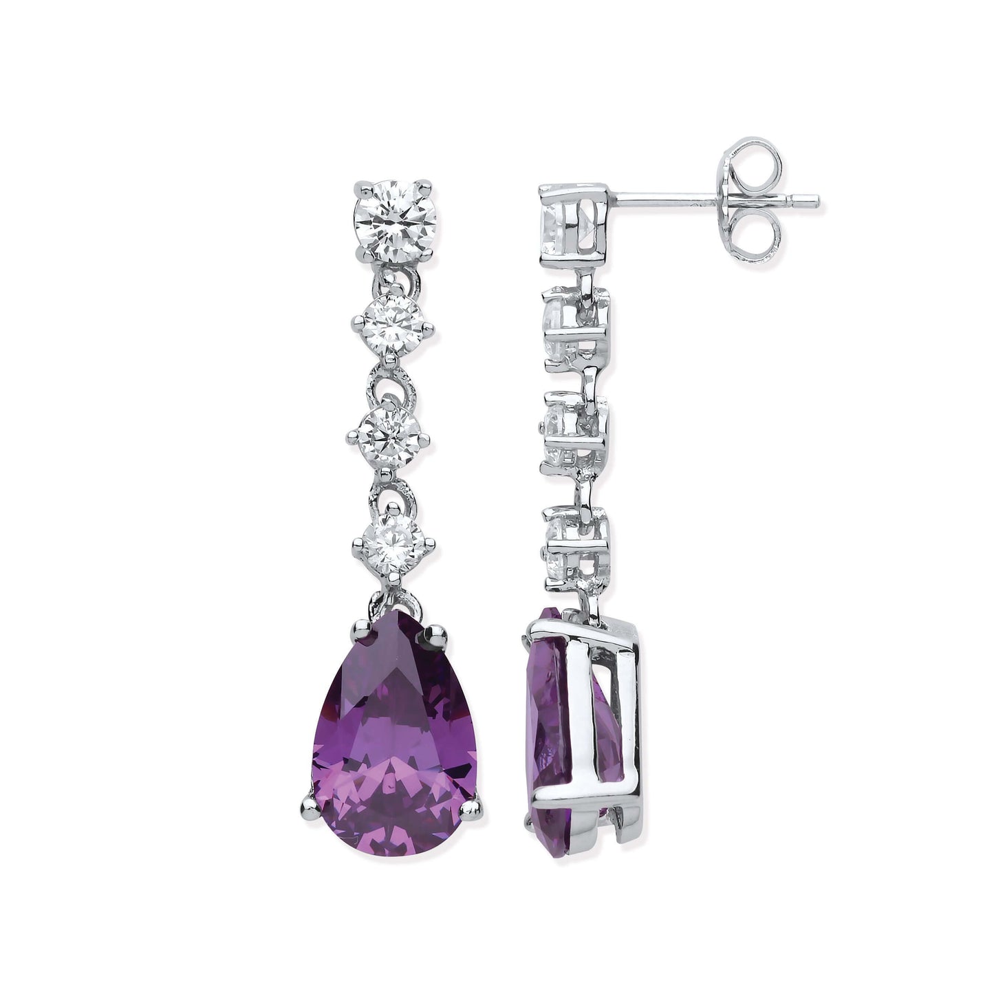 Long Drop Earrings Amethyst Colour with silver and clear Cz stones, showcasing elegant design and brilliant shine.