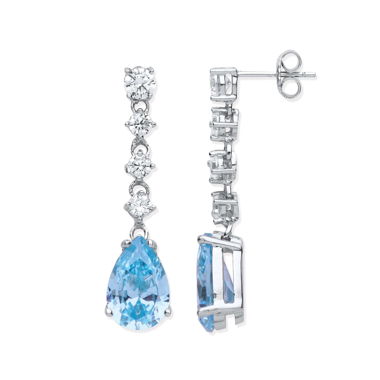 Aquamarine colour long drop earrings featuring 33mm silver design with aquamarine Cz stones.