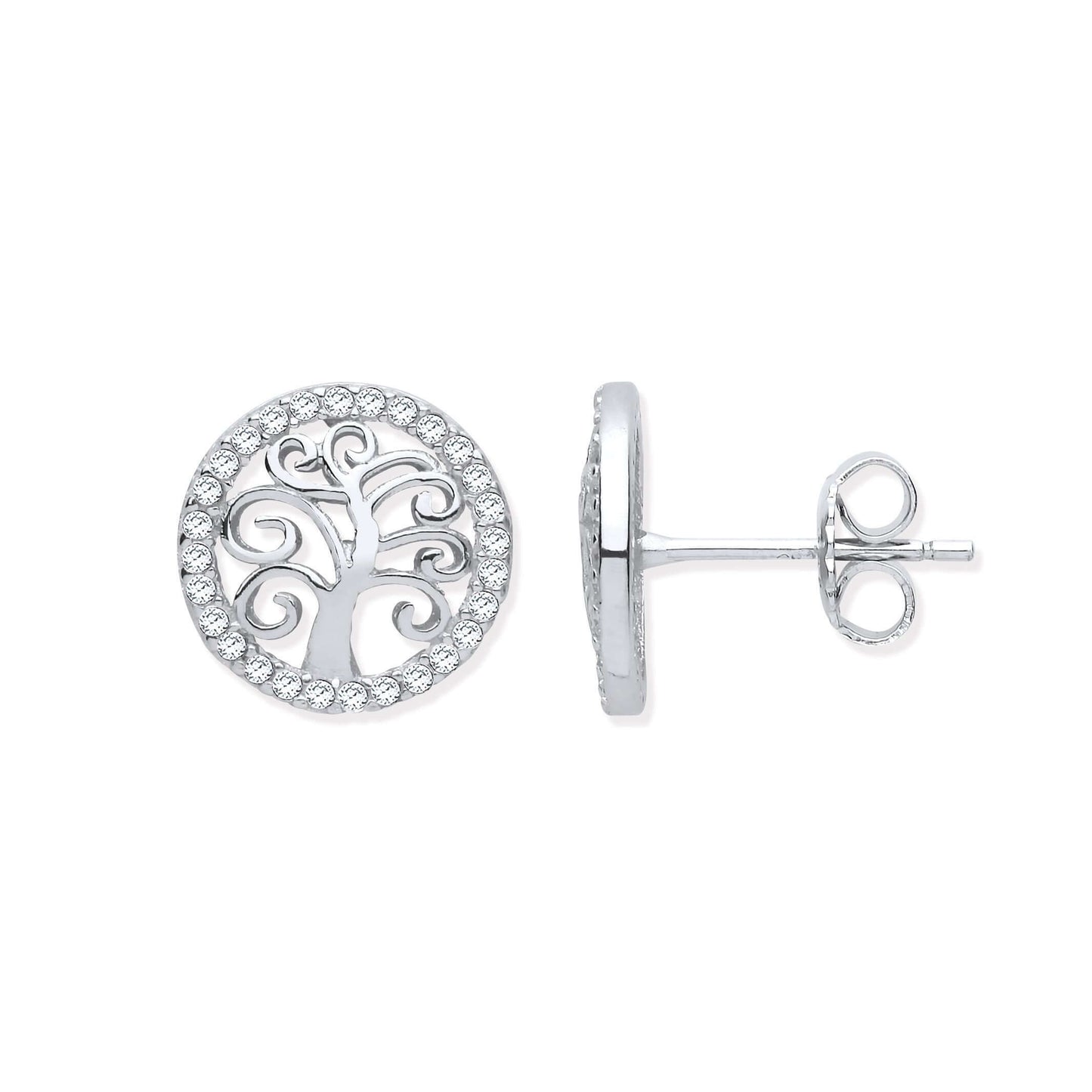 Silver Tree of Life CZ Stud Earrings with intricate design, 12mm size, featuring a detailed tree in sterling silver with cubic zirconia accents.