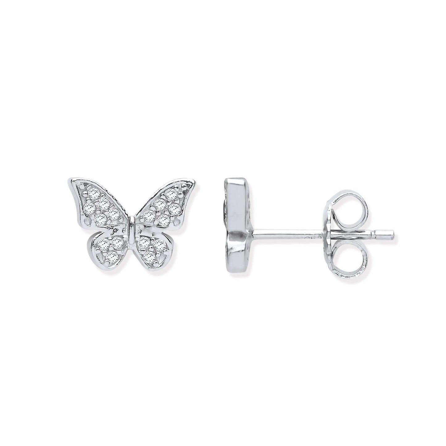Silver Butterfly Cz Stud Earrings displayed facing front and side view, showcasing intricate cubic zirconia details.