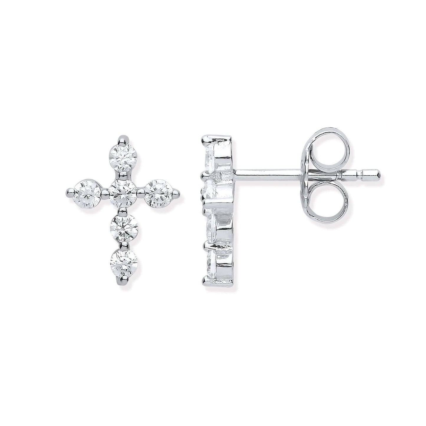 Silver small cross Cz Earrings with cubic zirconia stones in a stud design, perfect for any occasion and outfit.