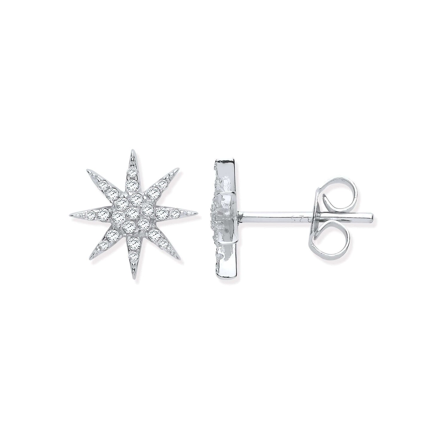 Silver Starburst Stud Earrings with cubic zirconia, 10.7mm, elegant design for any occasion.