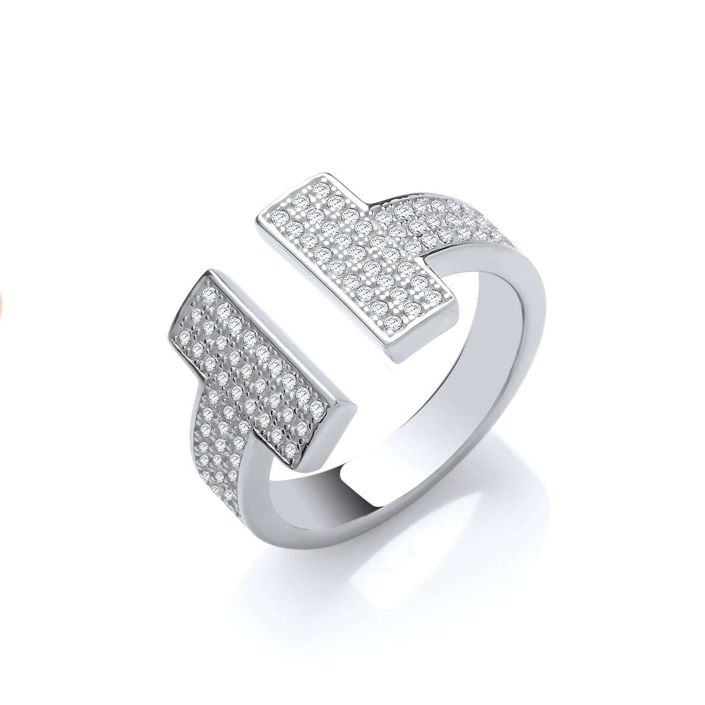 Silver T-Bar CZ Ring with cubic zirconia stones on solid silver band, elegant T-Bar design.