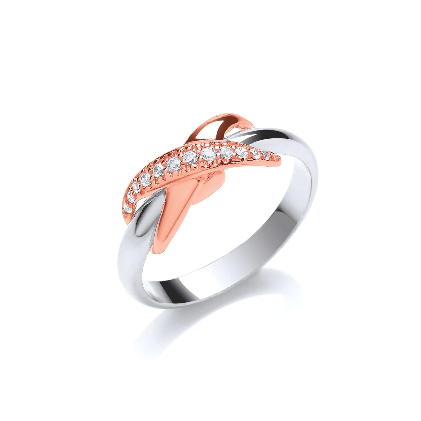 Silver Kiss Ring in sterling silver with rose gold plated kiss and cubic zirconia stones, elegant design for a stylish look.