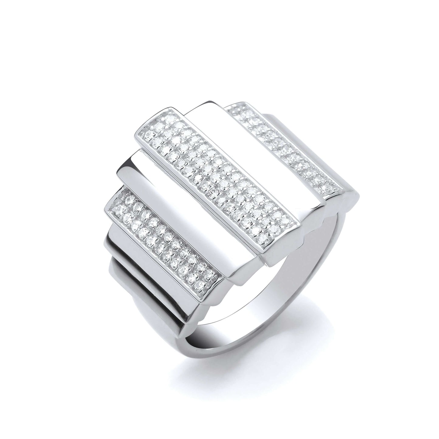 Silver Step Ring with cubic zirconia stones, elegant design, solid silver finish, perfect for special occasions and everyday wear