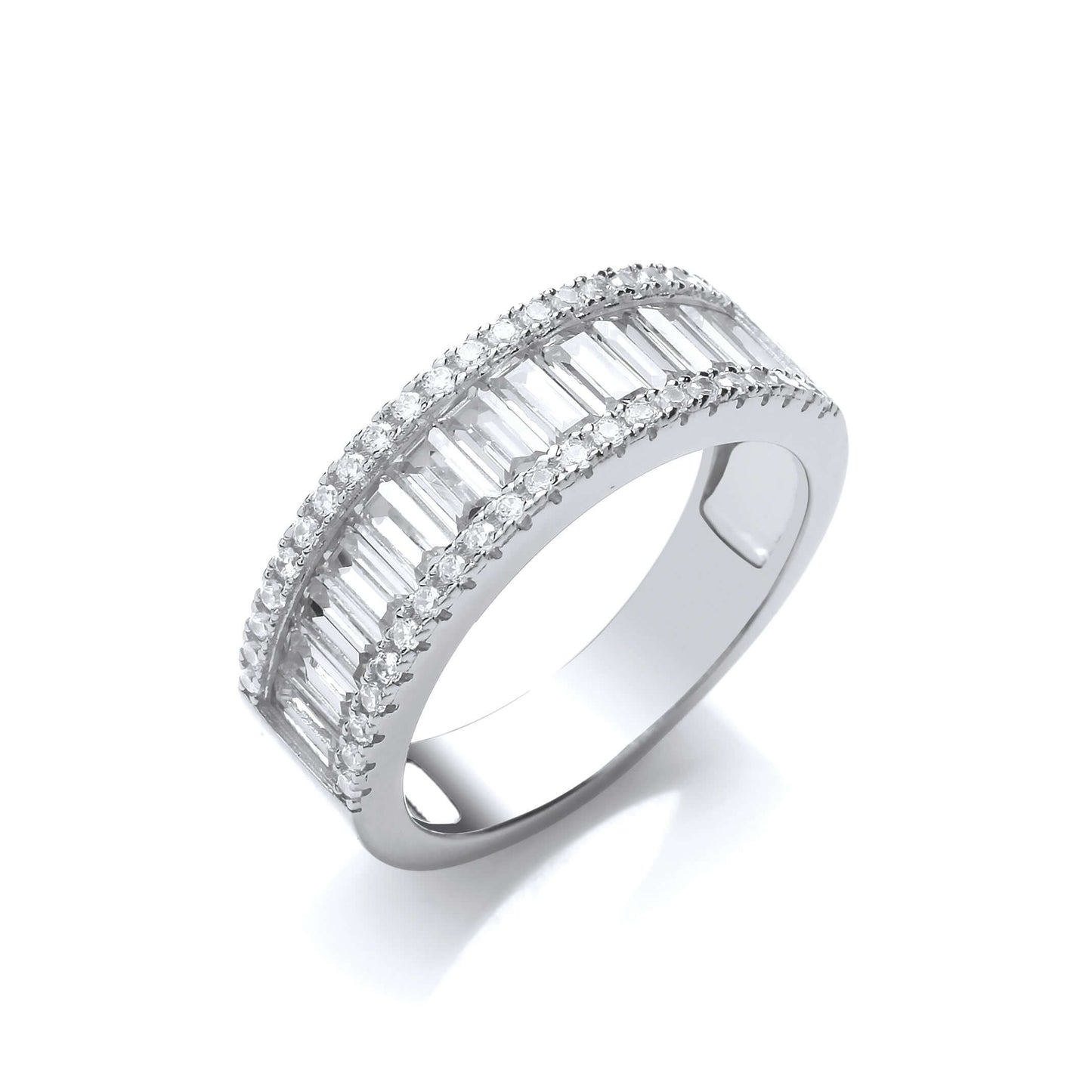 Silver Baguette Stone Ring with cubic zirconia baguette cut stones and brilliant cut edges