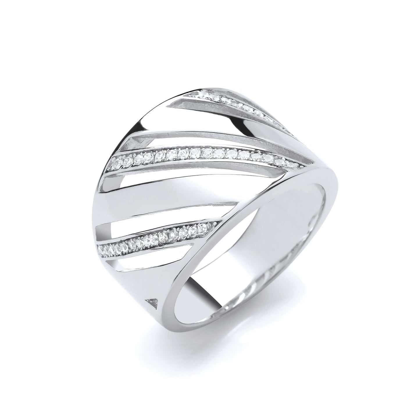 Silver Cocktail Ring with cubic zirconia stones on sleek design.