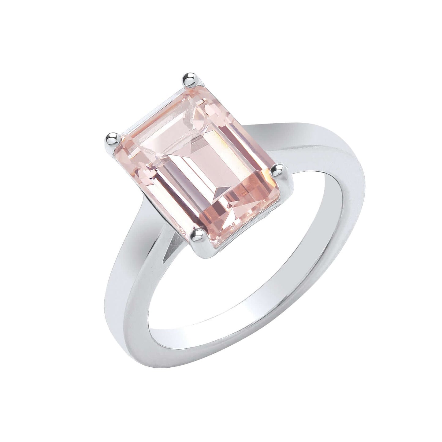 Silver Synthetic Morganite Ring with pink cubic zirconia stone on a polished band, elegant jewelry for special occasions.
