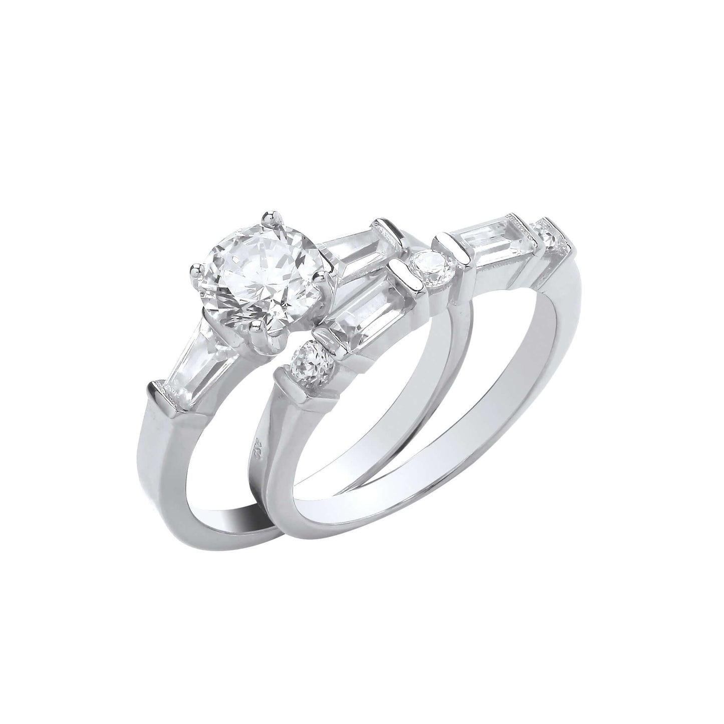 Silver Bridal Set with brilliant cut cubic zirconia and baguette cut stones on a wedding band.