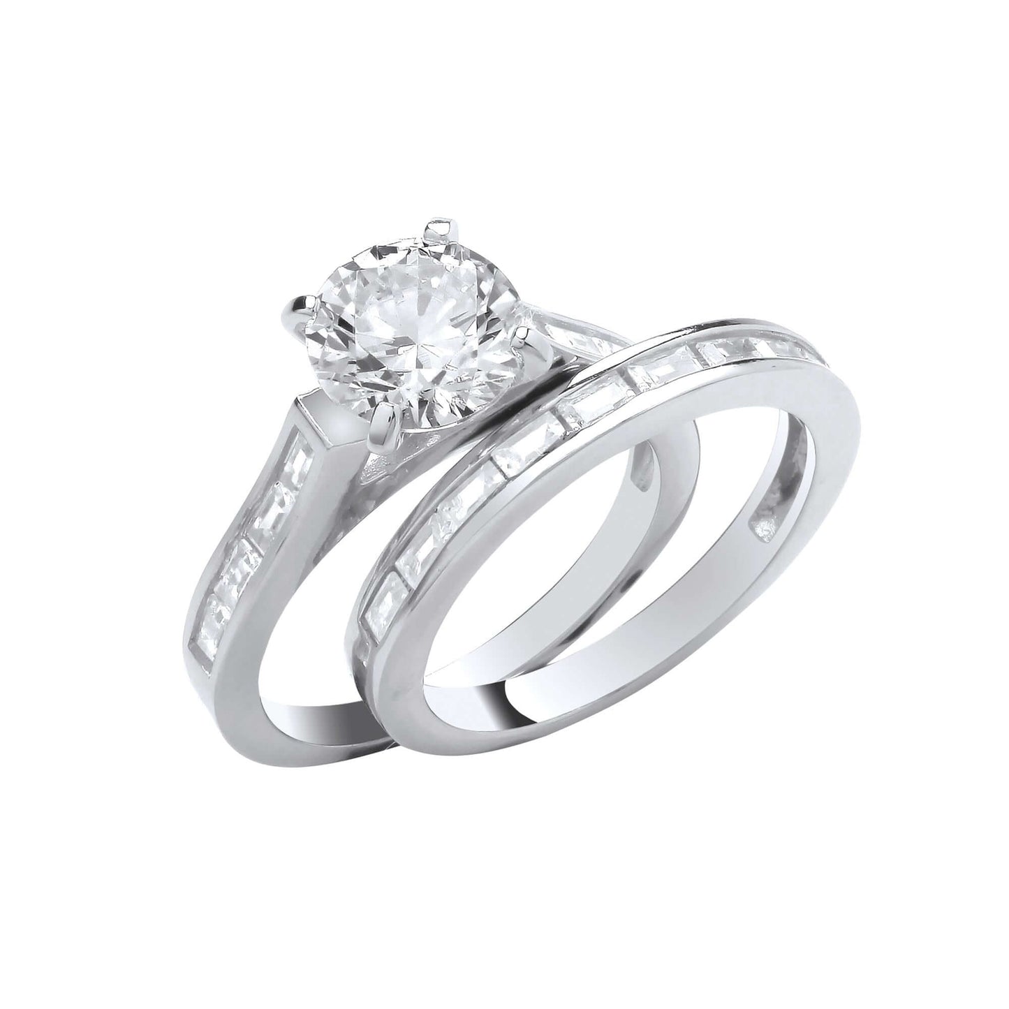 Silver Bridal Set featuring cubic zirconia engagement and wedding rings with baguette cut stones.